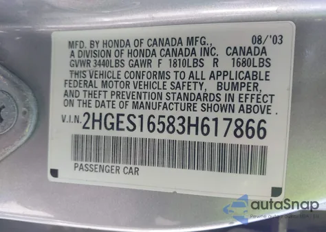 2003 Honda Civic Lx from USA, damaged, VIN 2HGES16583H617866